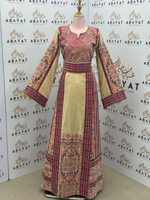 Beige & Pink Palestinian Embroidered Thobe – Classic Tatreez Heritage Dress A09042025