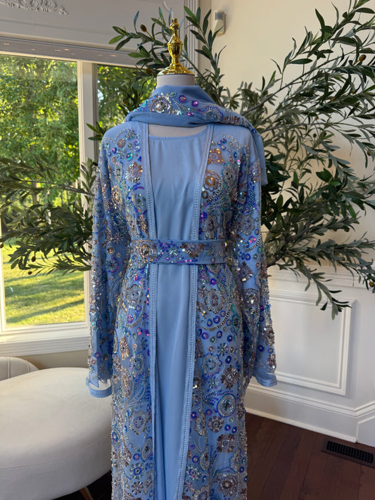 Baby Blue Floral Sequin Essence Abaya