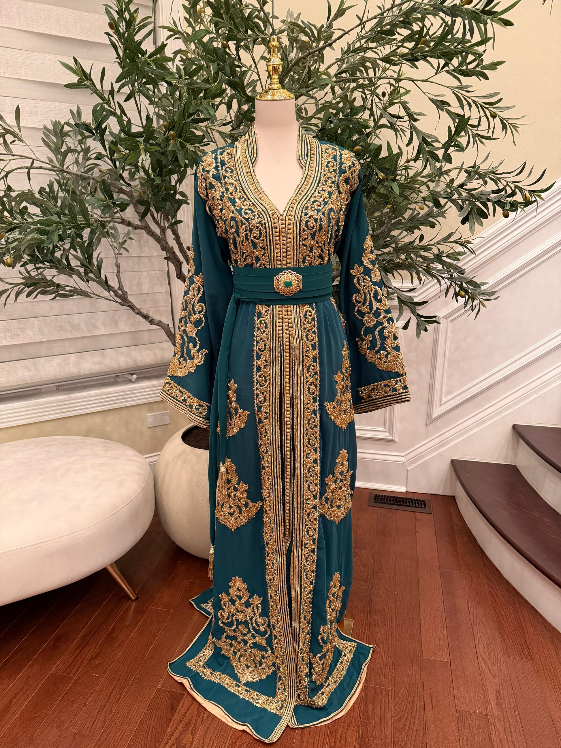 Deep Teal Kaftan Featuring Intricate Gold Detailing