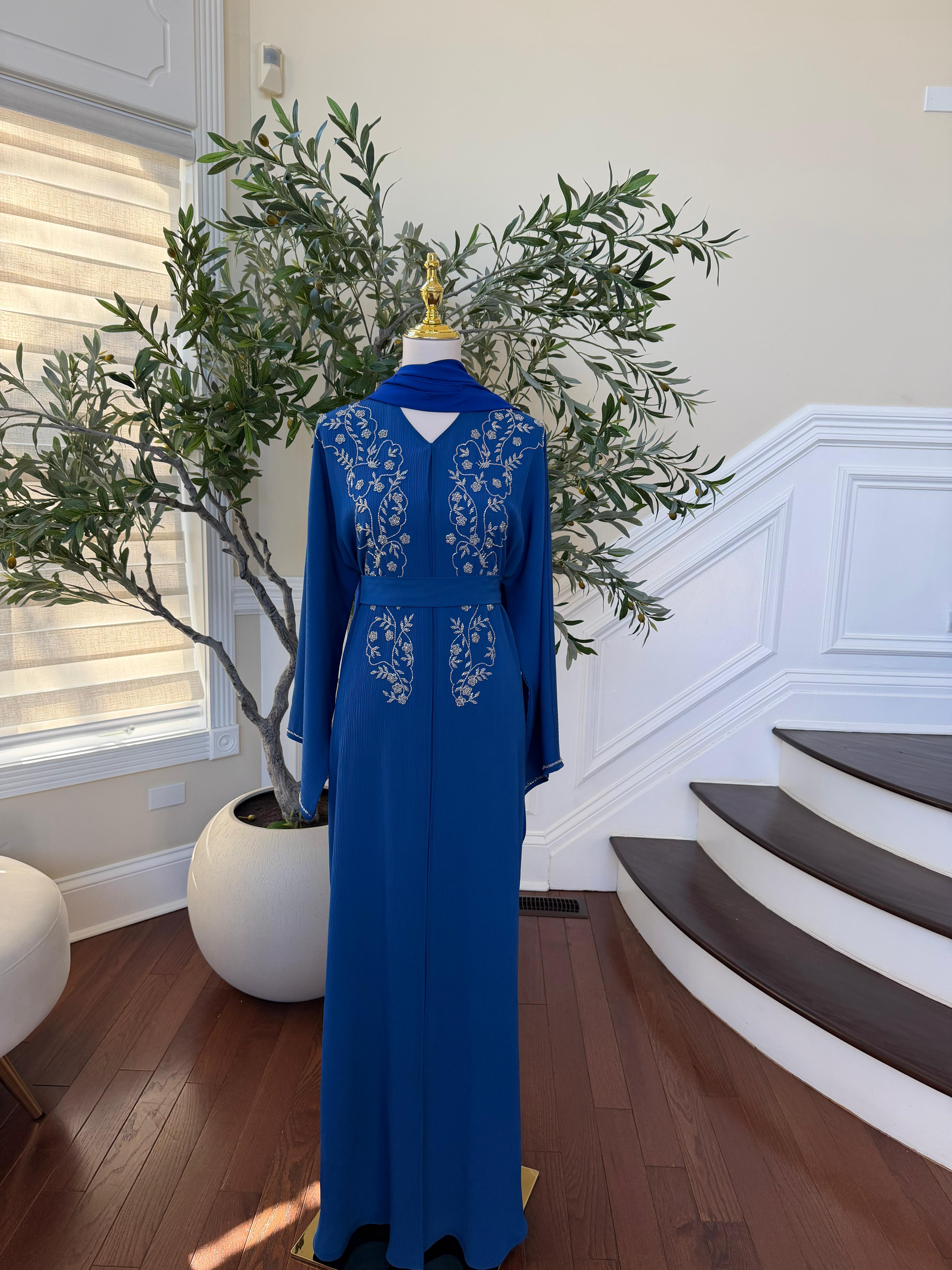 Blue Floral Charm Beaded Abaya