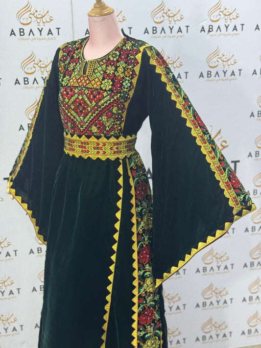Green Velvet Palestinian Thobe – Heritage Gold & Red Embroidery
