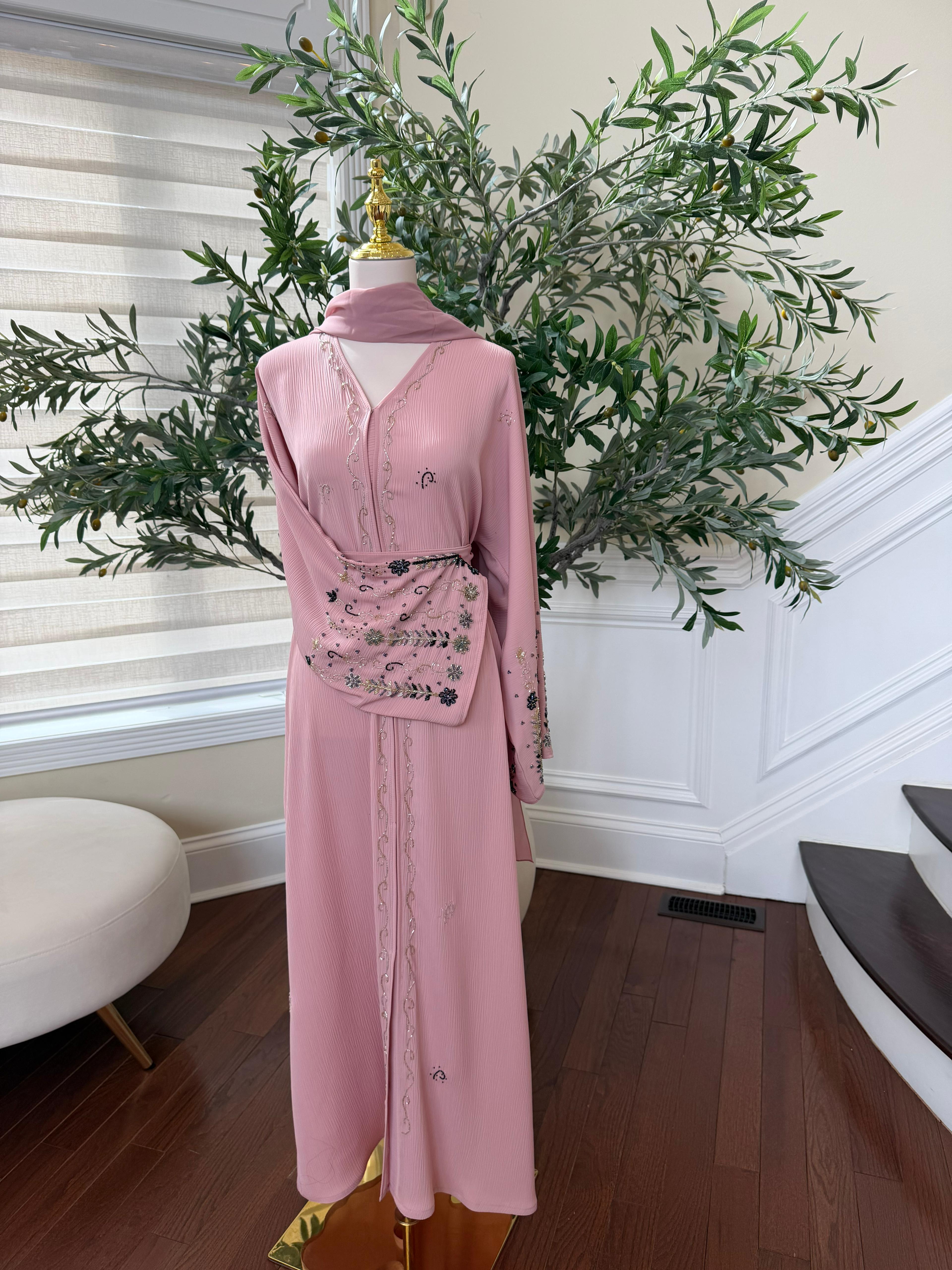 Pink Sleeve Charm Beaded Abaya