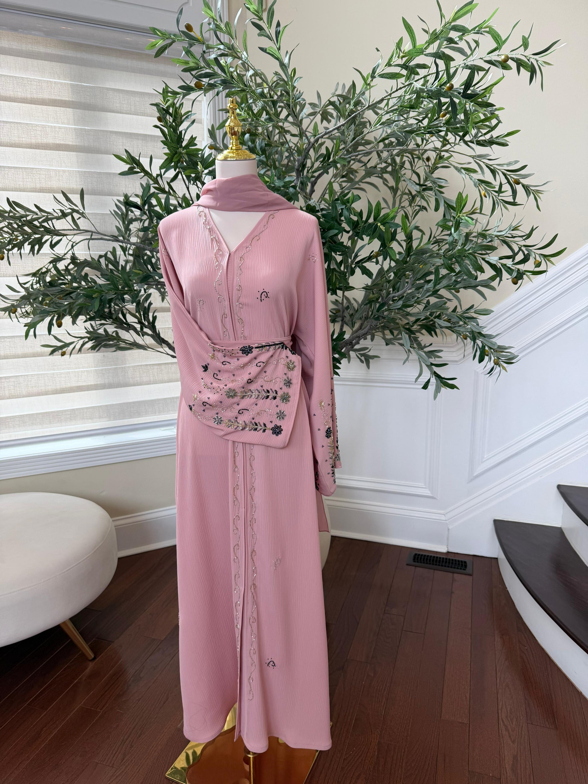 Pink Sleeve Charm Beaded Abaya