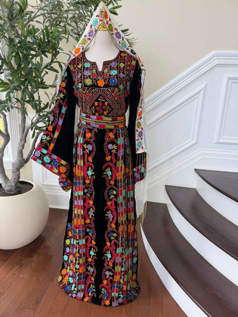 Luxury Bridal Palestinian Thobe with Embroidery Tatreez, Hand Beading & Detachable Overskirt on Rich Velvet Fabric