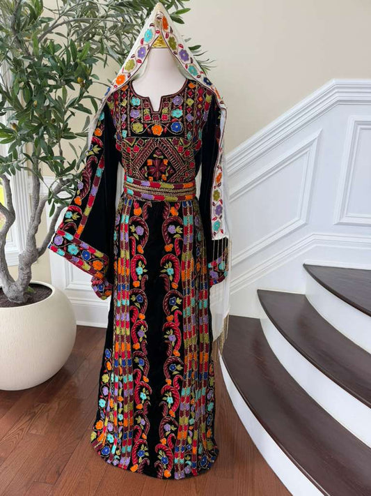 Luxury Bridal Palestinian Thobe with Embroidery Tatreez, Hand Beading & Detachable Overskirt on Rich Velvet Fabric