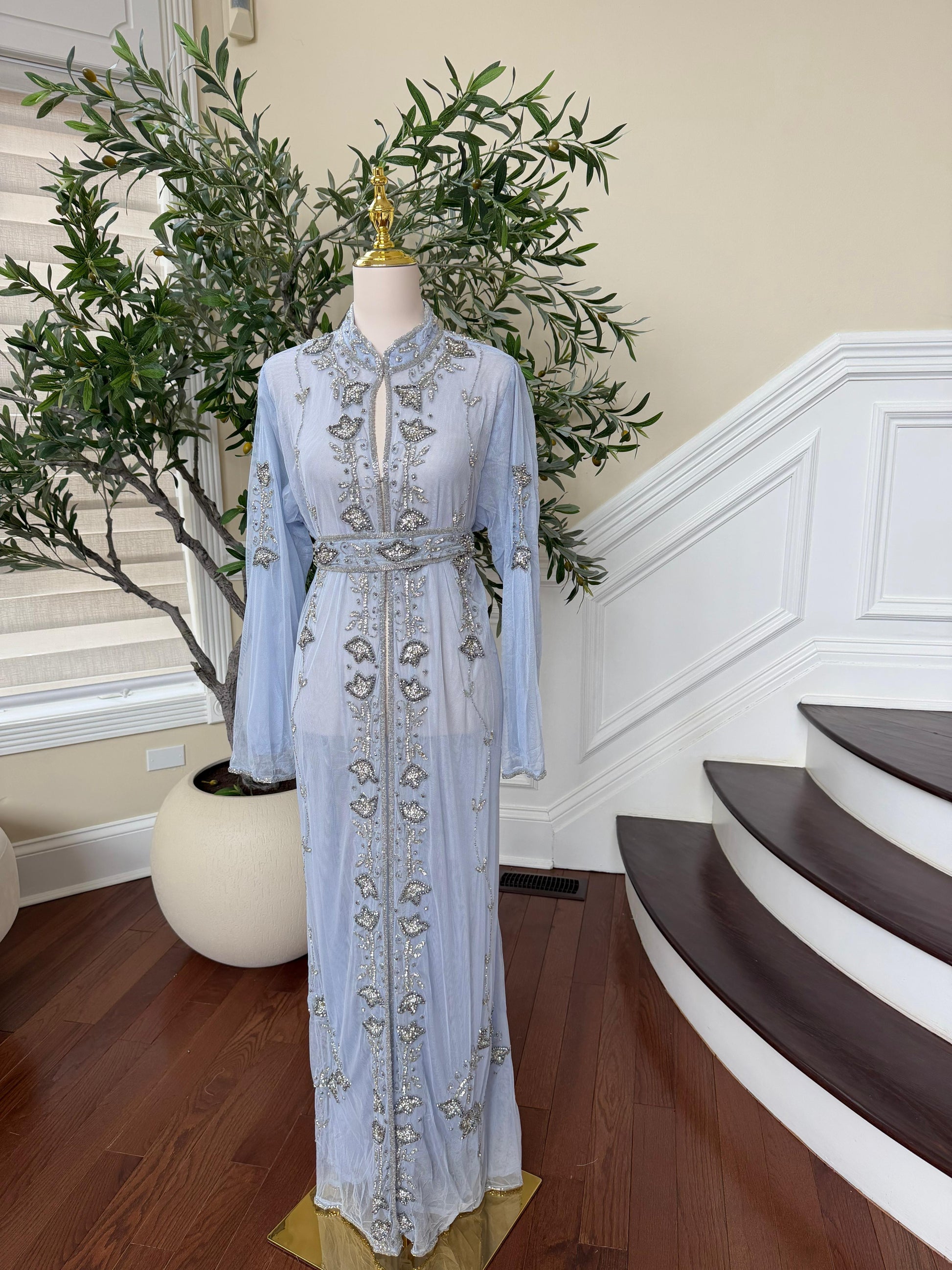 Baby Blue Cardigan Silver Abaya