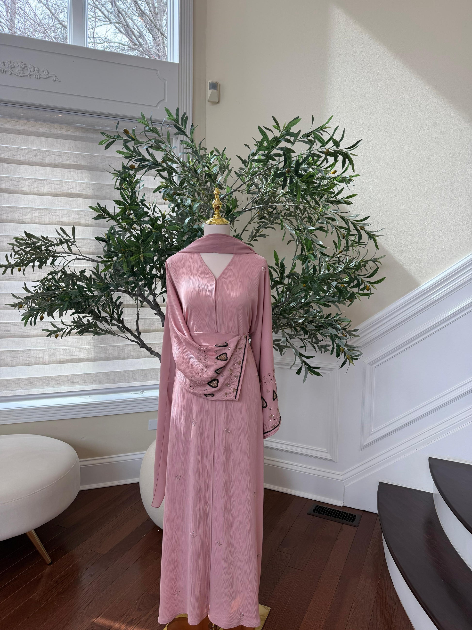 Pink Rose Sleeve Design Beaded Abaya