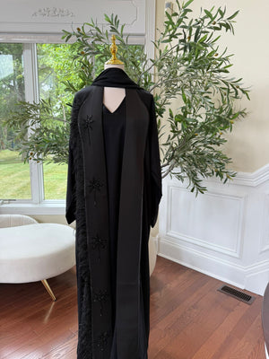 Black Serenity Abaya – Feather Accent with Beaded Floral