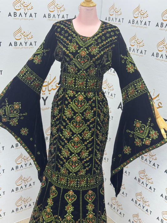 Black Velvet Palestinian Thobe – Green & Red Tatreez Embroidery with Belt A09042025