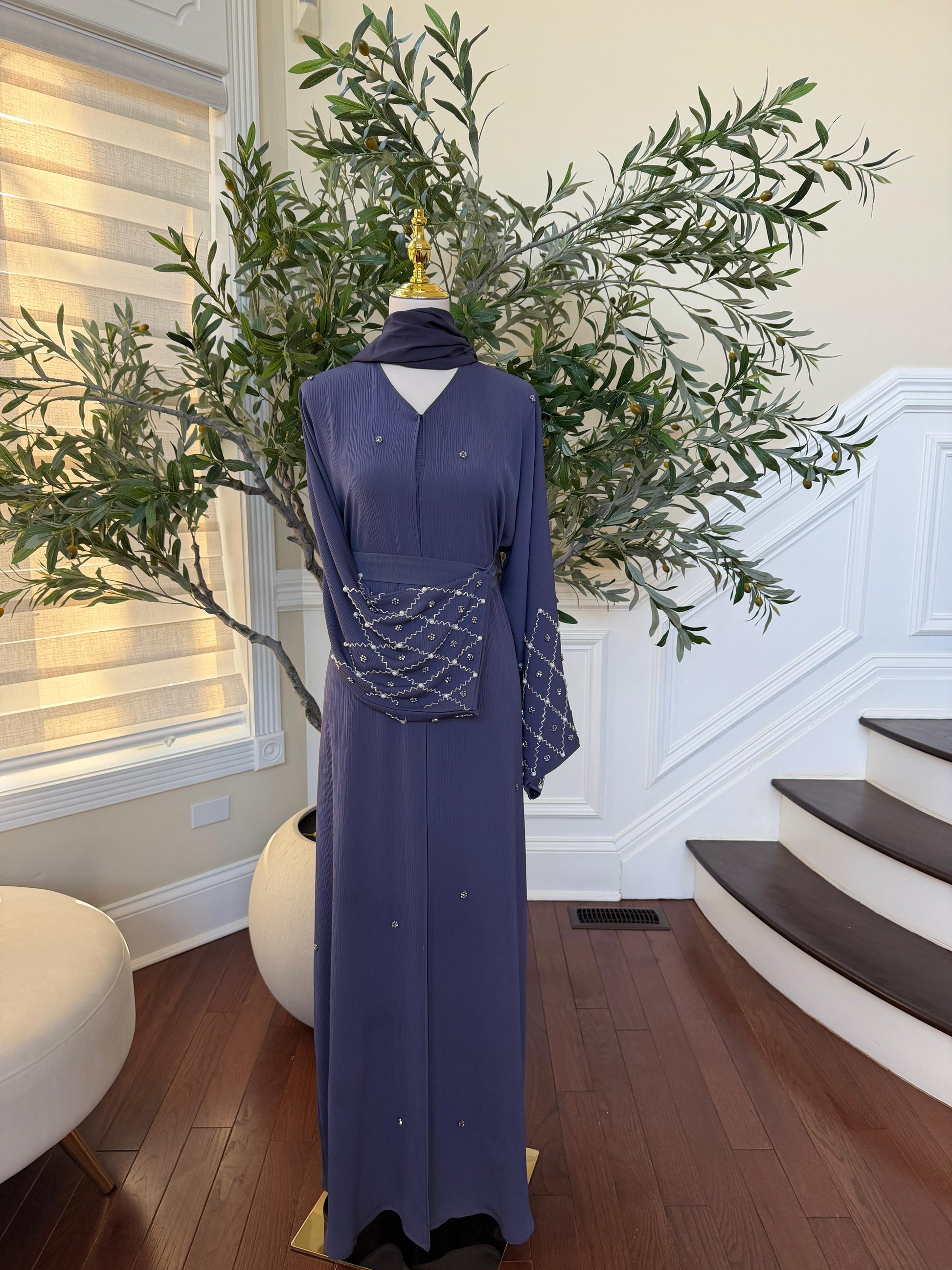 Lavender Blue Charm Stone Beaded Abaya
