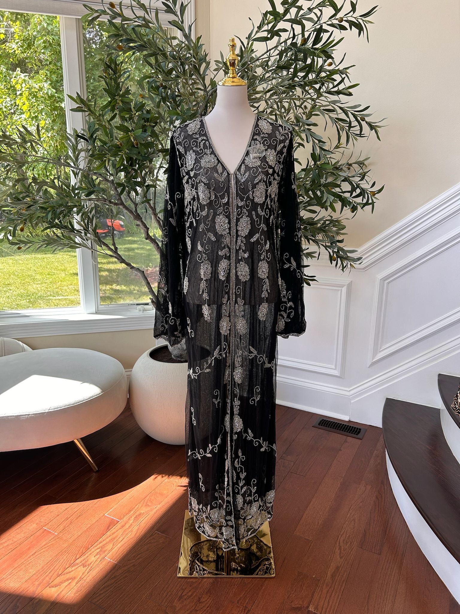 Black Silver Floral Beaded Stone Cardigan Abaya