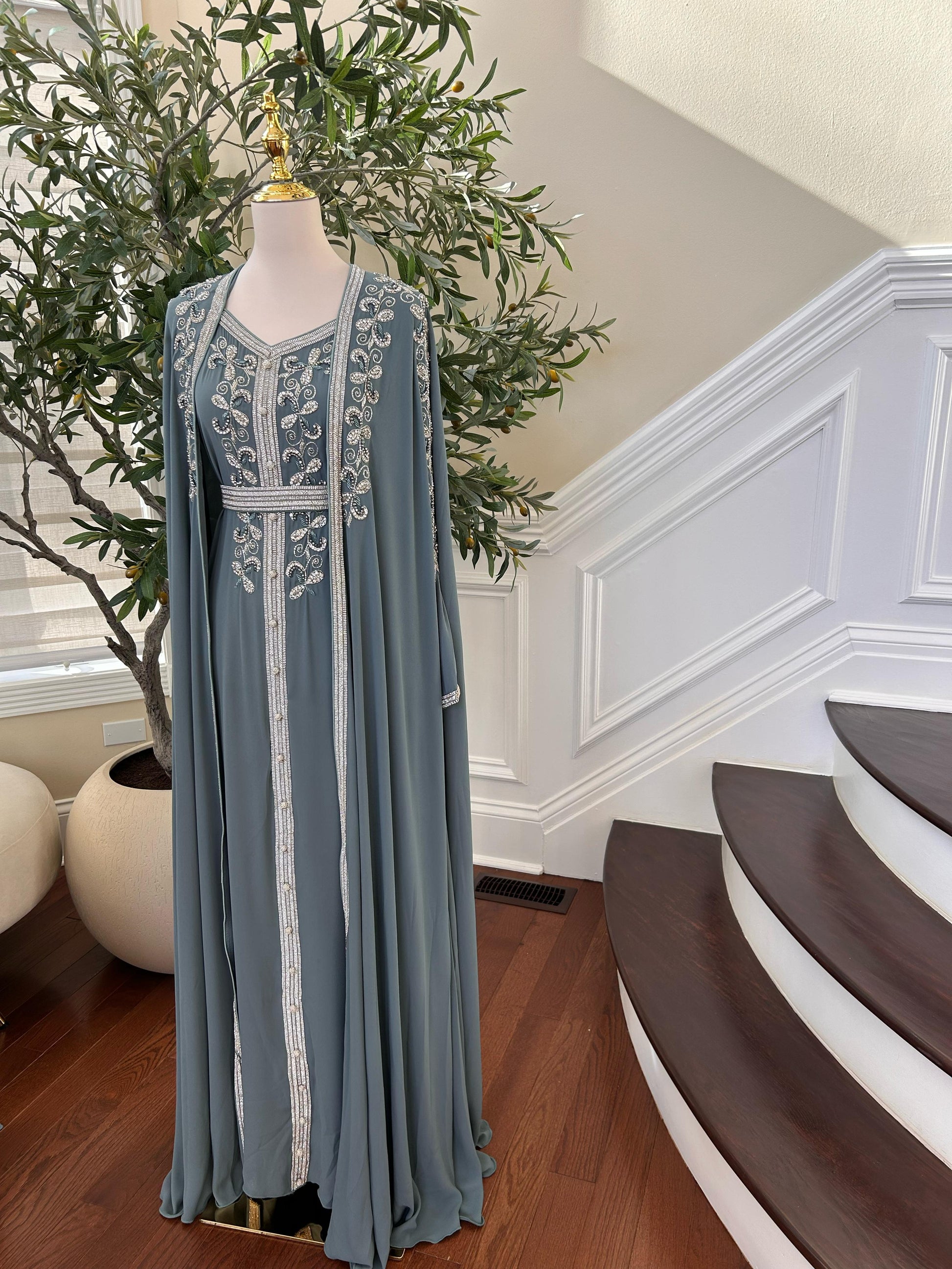 Mint Blue Beaded Stone Kuftan