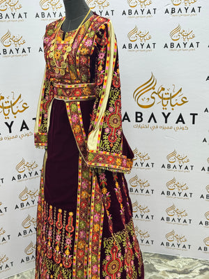 Burgundy Velvet Palestinian Embroidered Thobe with Multicolor Tatreez, Traditional Shawl & Overskirt Set