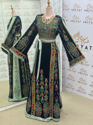 Premium Palestinian Malakah Velvet Thobe – Mint Green & Black Embroidery
