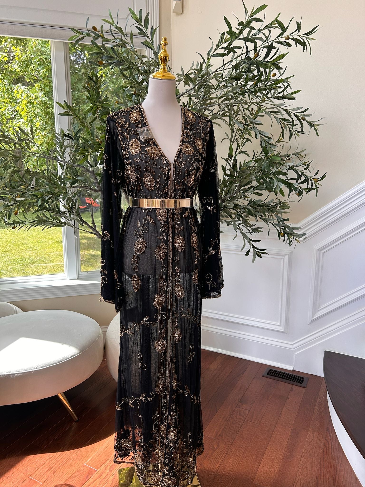Golden Floral Beaded Stone Black Cardigan Abaya
