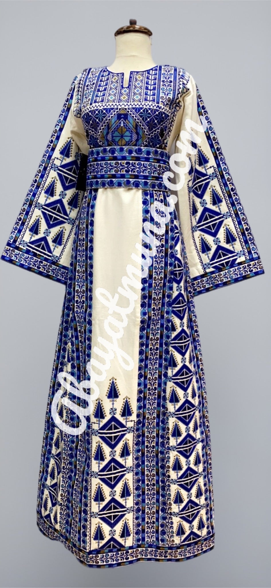 Palestinian Beige & Blue Color Embroidery Thobe #42570