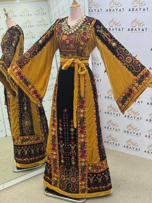 Premium Palestinian Malakah Velvet Thobe – Mustard Gold & Black Embroidery
