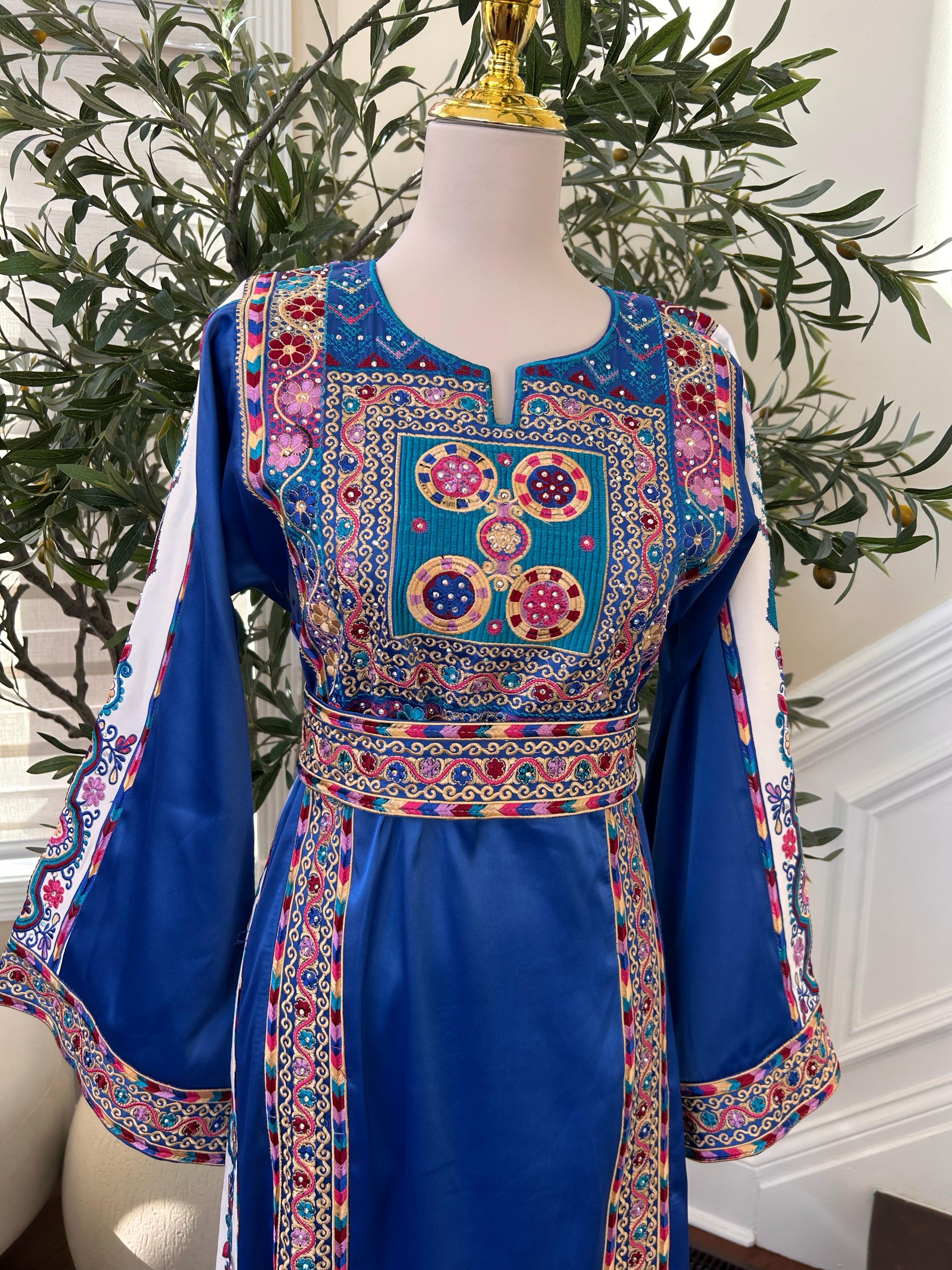 Blue Satin Embroidery Tatreez Thobe