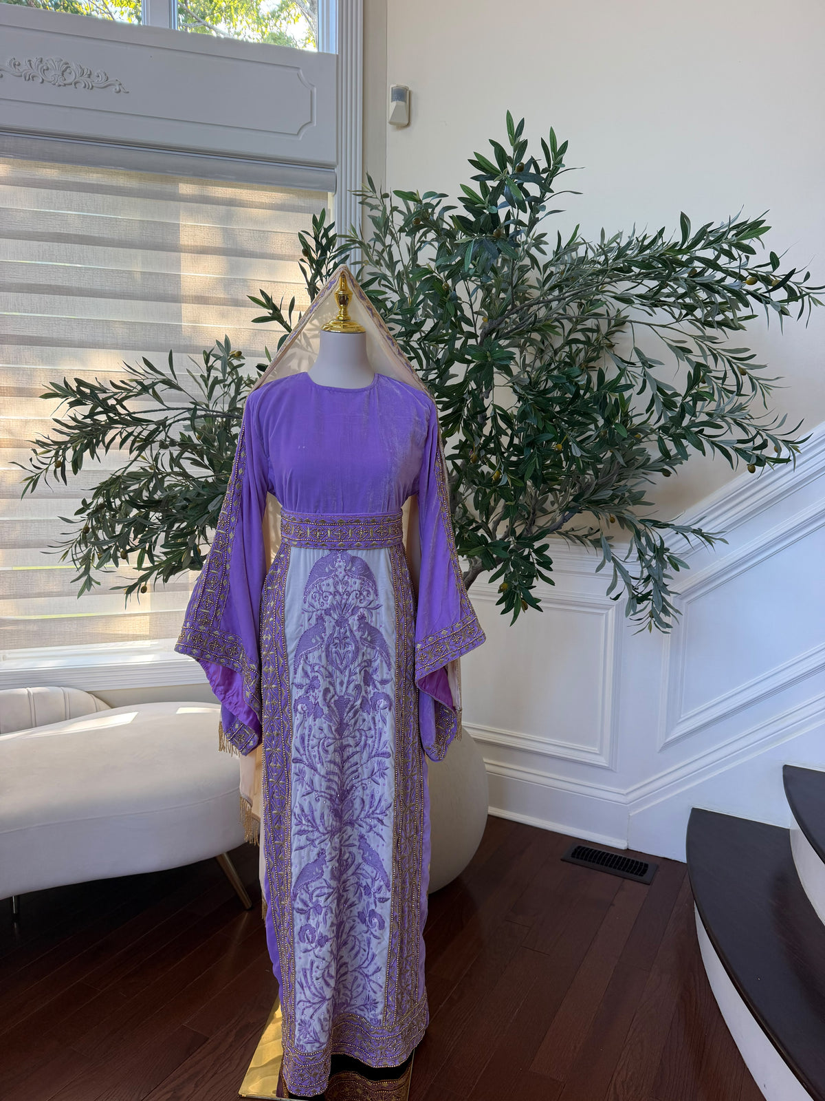 Elegant Lavender Velvet Palestinian Thobe with Gold Embroidery(scarf not included)