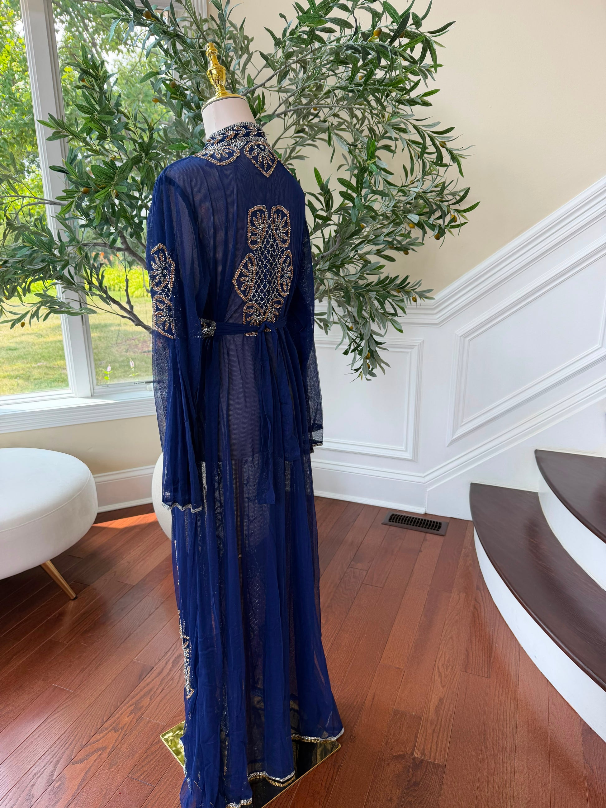Blue Beaded Embroidery Cardigan Abaya