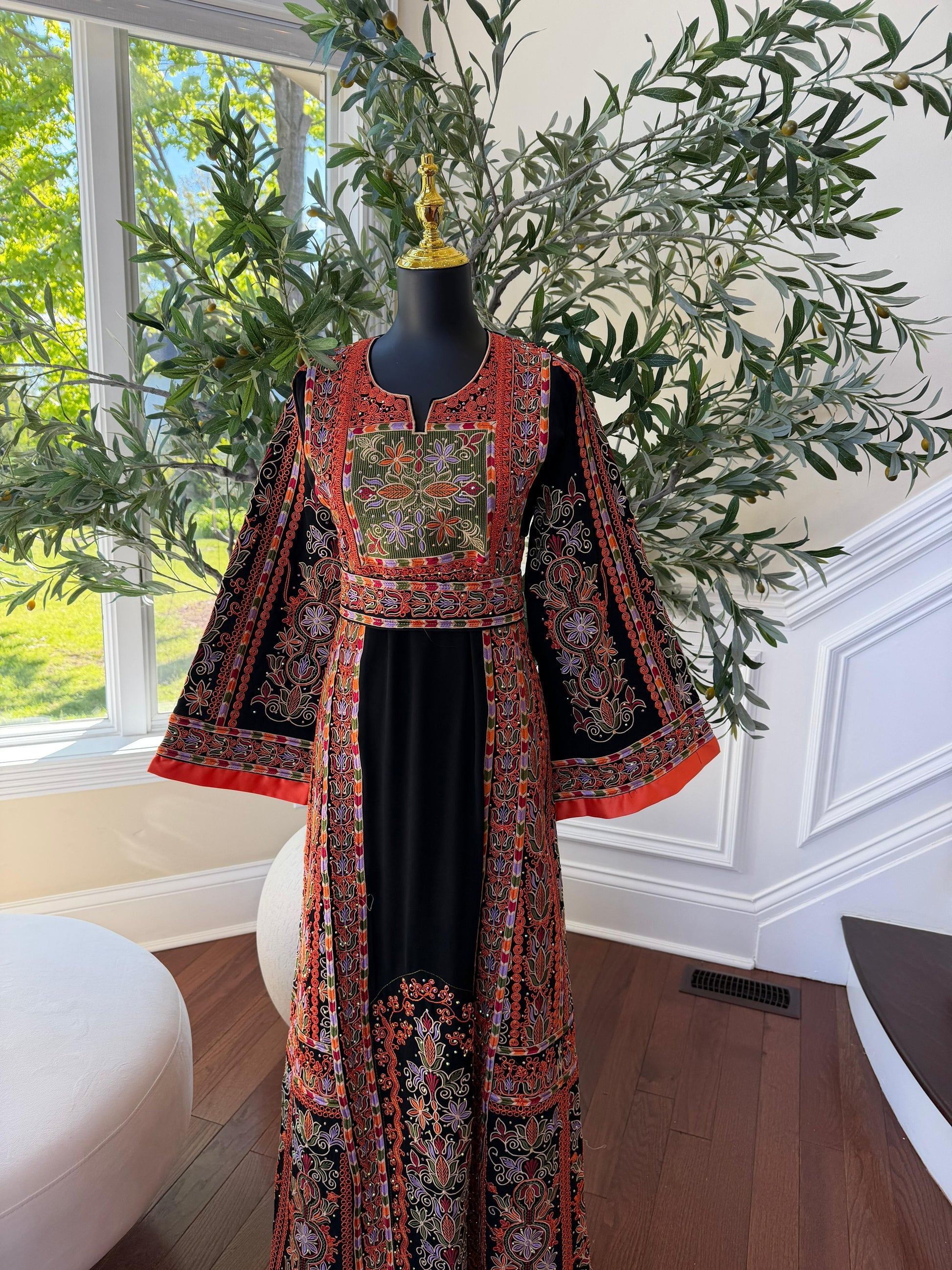 Black Embroidery Tatreez Orange Thobe