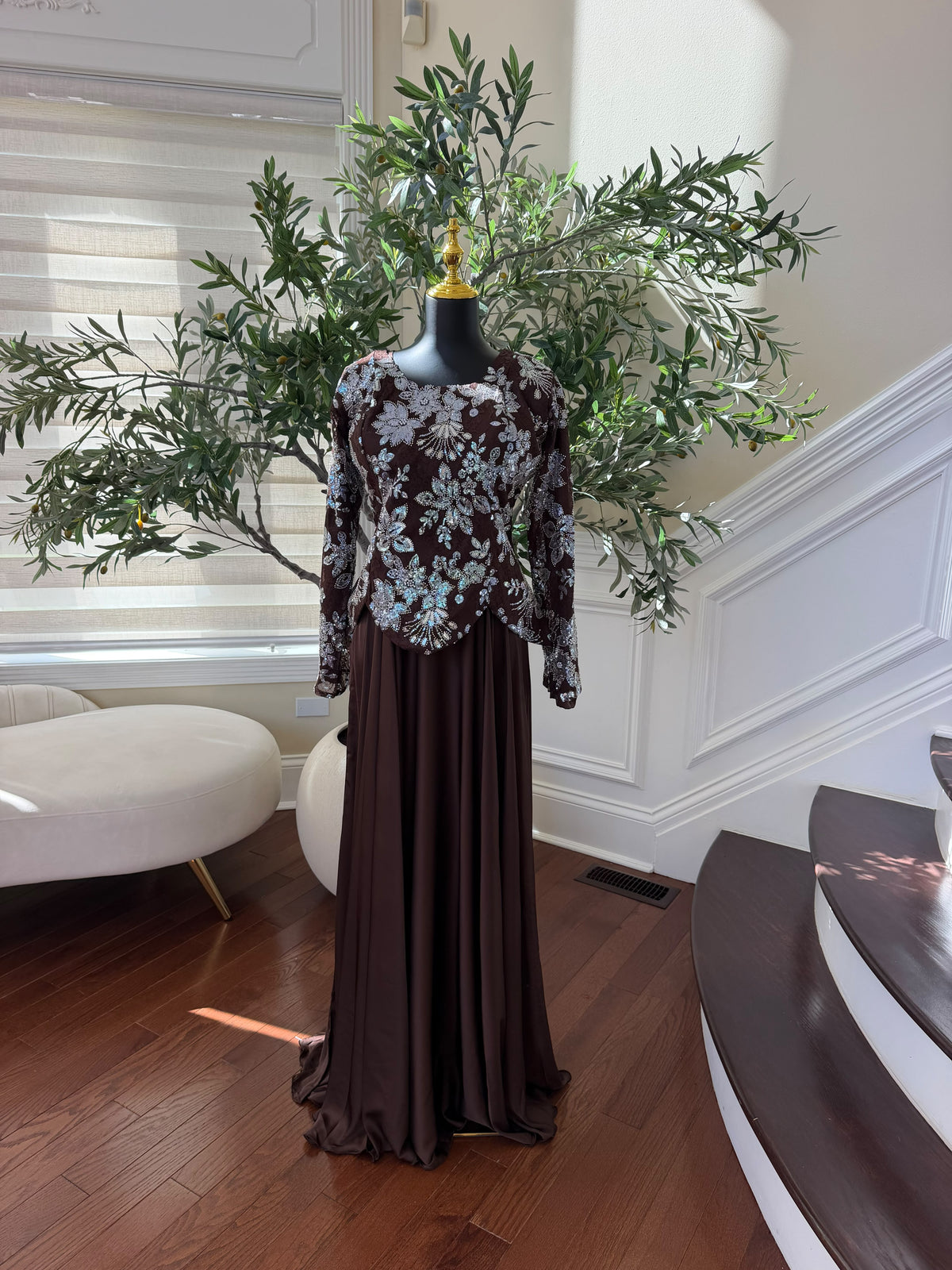 Elegant Chocolate Brown Gown with Silver Floral Embroidery