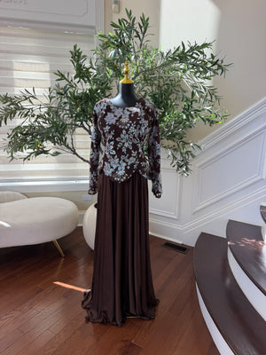 Elegant Chocolate Brown Gown with Silver Floral Embroidery
