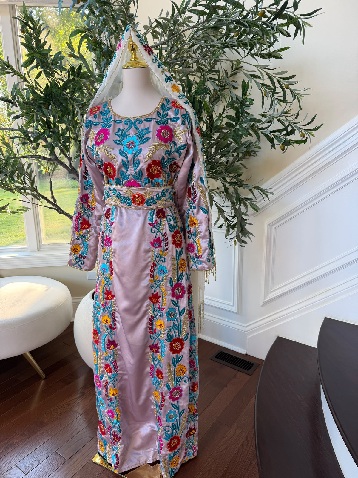 Blush Pink Palestinian Stone Thobe with Vibrant Multicolor Floral Embroidery(scarf not included)