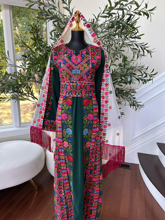 Green Floral Embroidered Tatreez Thobe