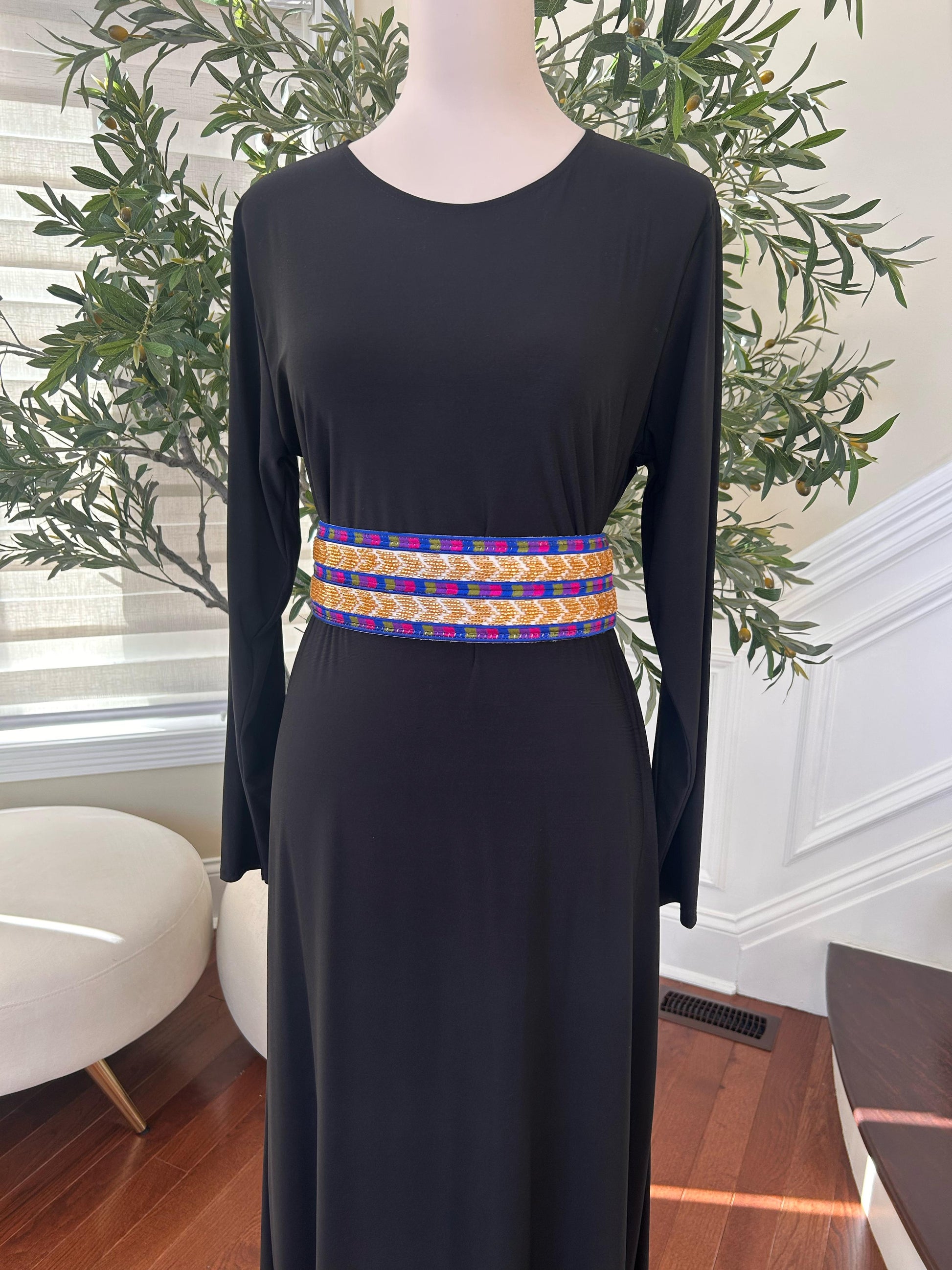 Gold Sabal Kharaz Blue Embroidery Thobe Belt