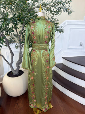 Elegant Sage Green Satin Thobe with Pink Floral Embroidery, Gold Detailing, and Matching Belt( scarf not included)