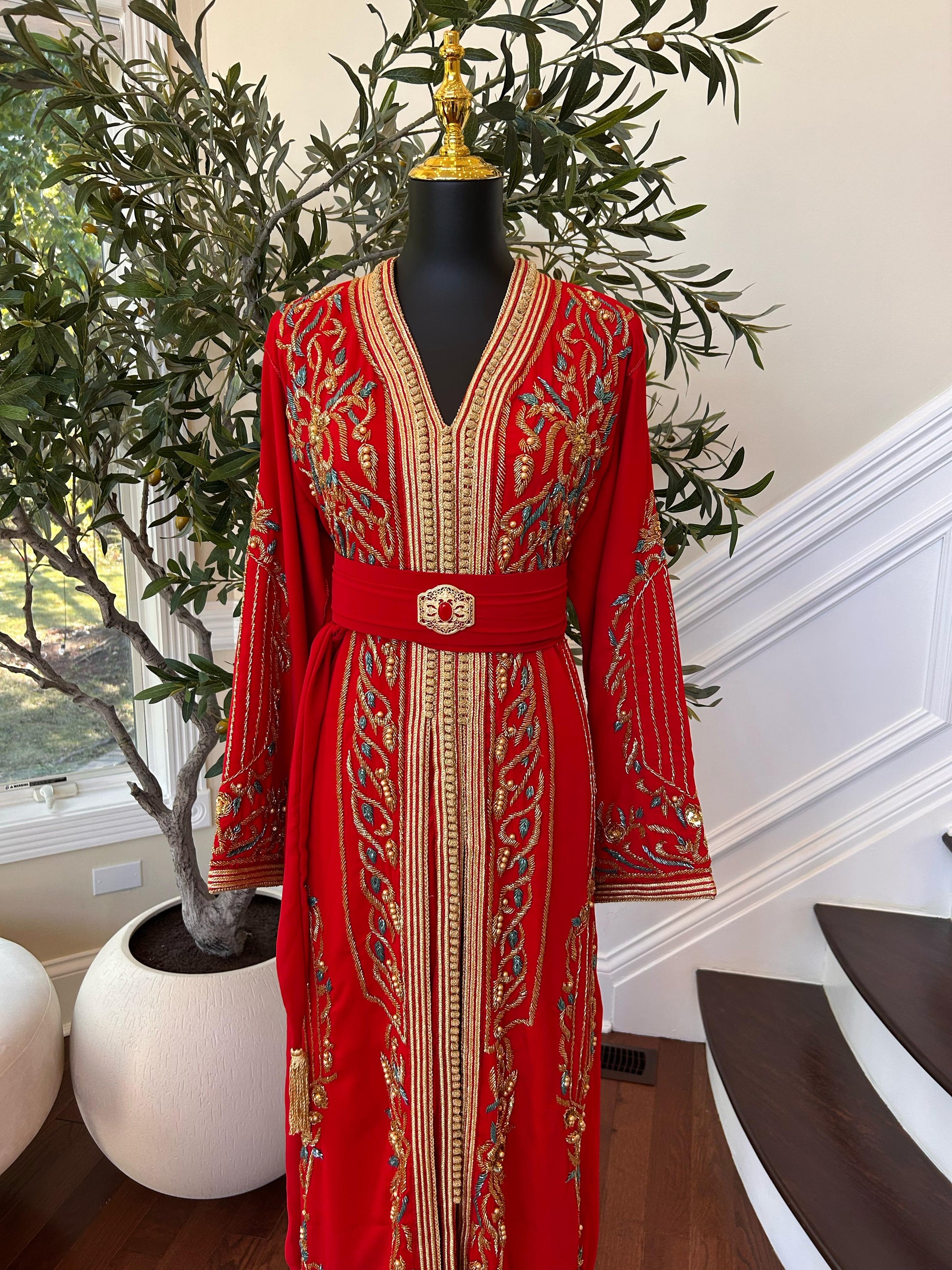 Red Embellished Golden Kuftan