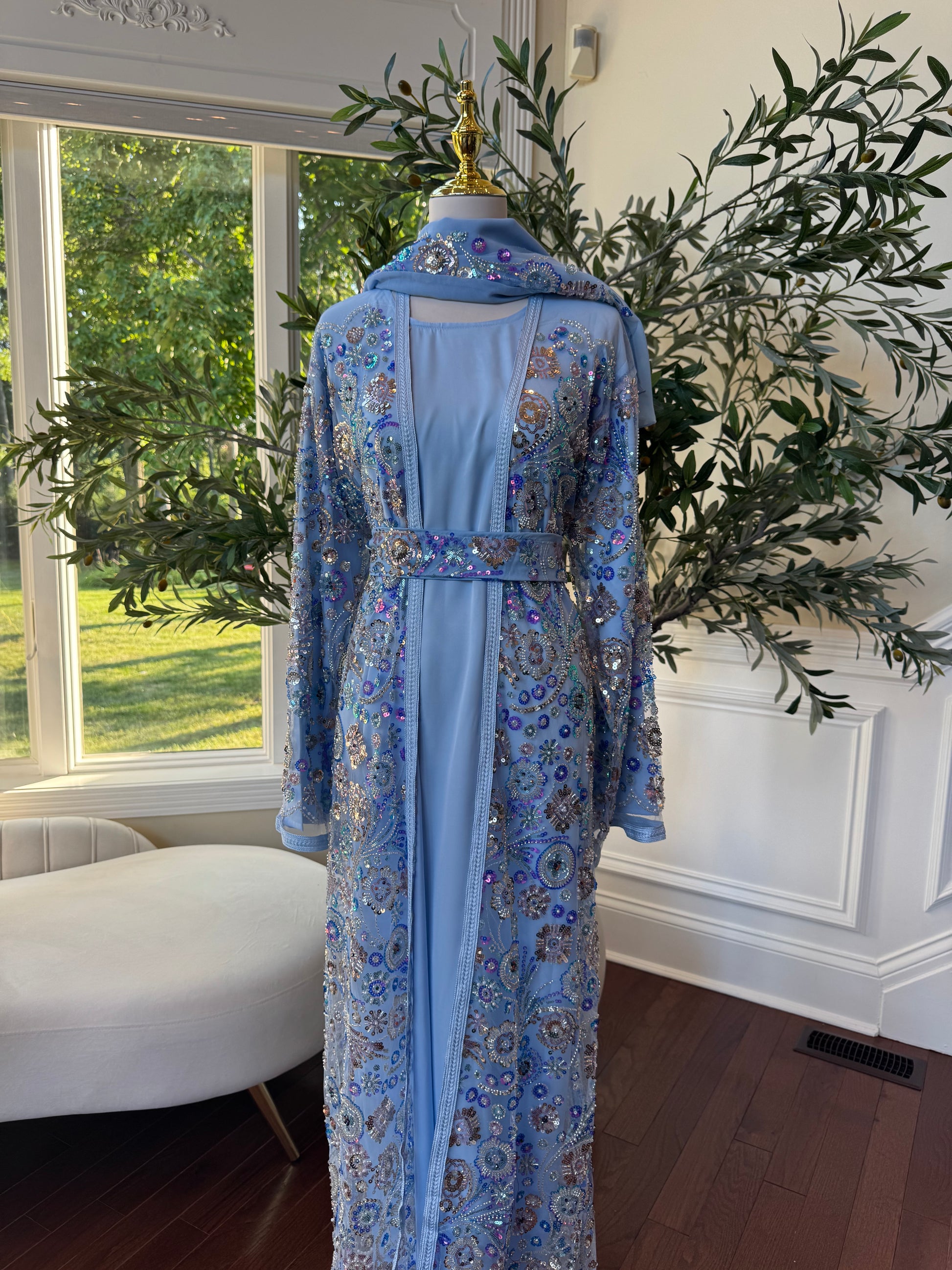 Baby Blue Floral Sequin Essence Abaya