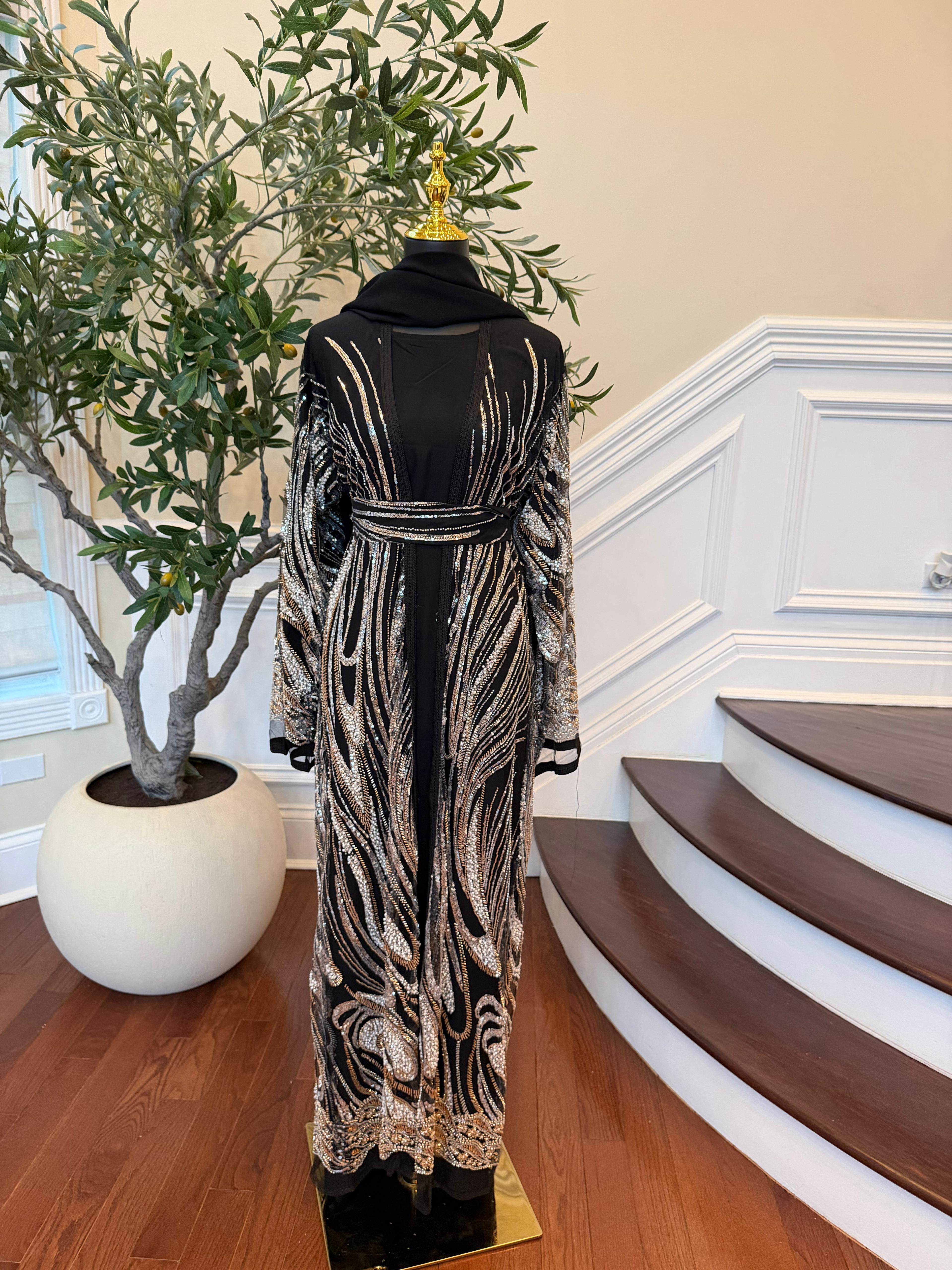 Black Golden Sequin Two Piece Abaya