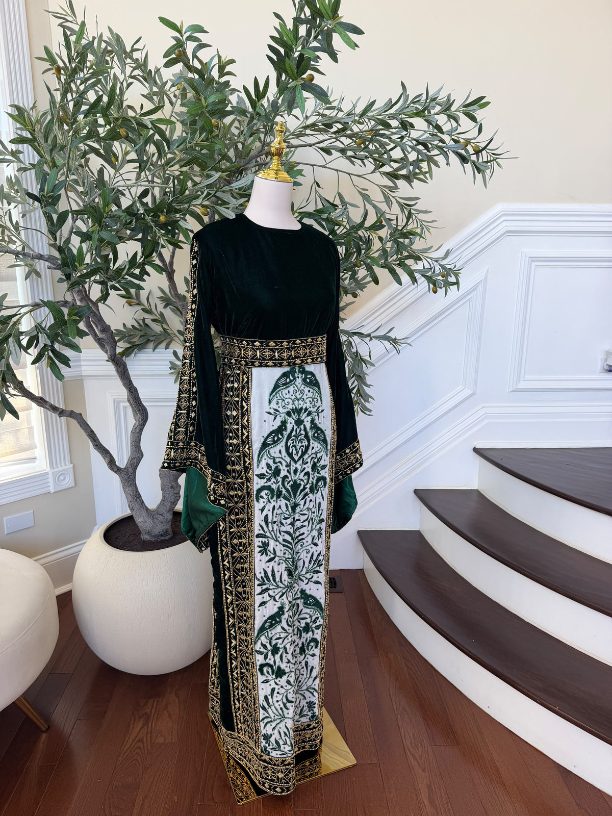Elegant Black Velvet Thobe with Emerald Green Embroidery and Gold Detailing