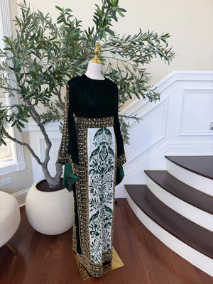 Elegant Black Velvet Thobe with Emerald Green Embroidery and Gold Detailing
