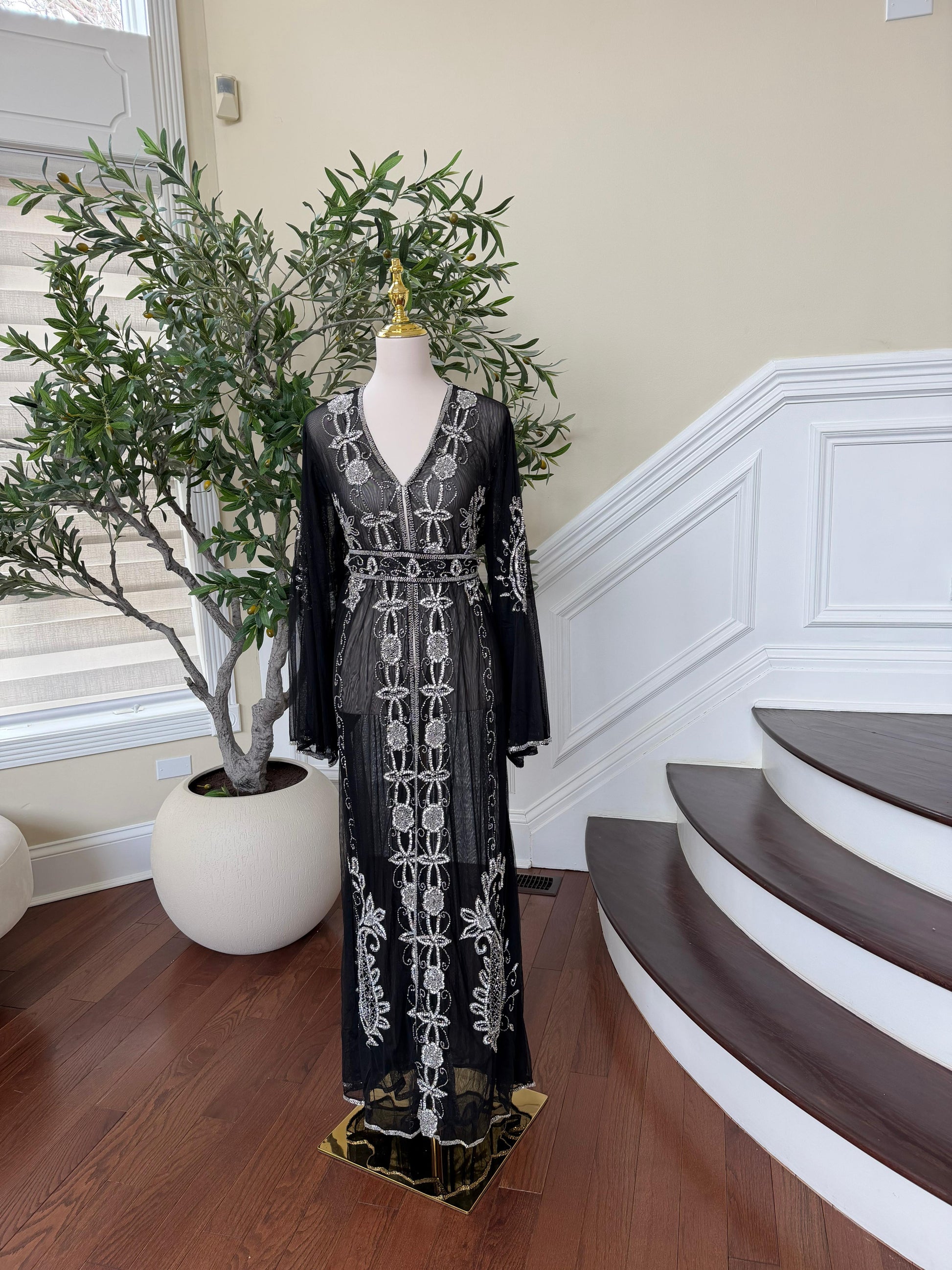 Black Silver Stone Cardigan Abaya