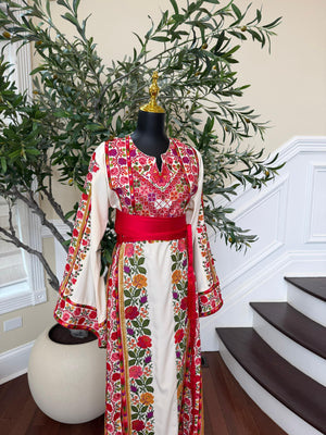 White Floral Embroidery Tatreez Thobe