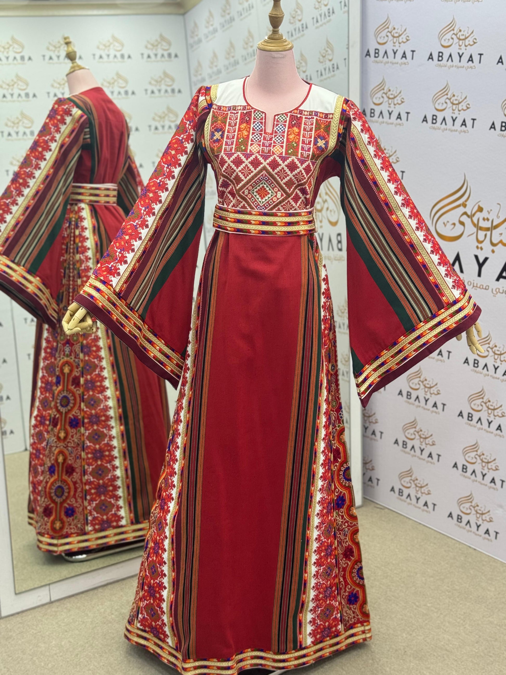 Palestinian Thobe – Red with Multicolor Embroidery & Stripes A09092025