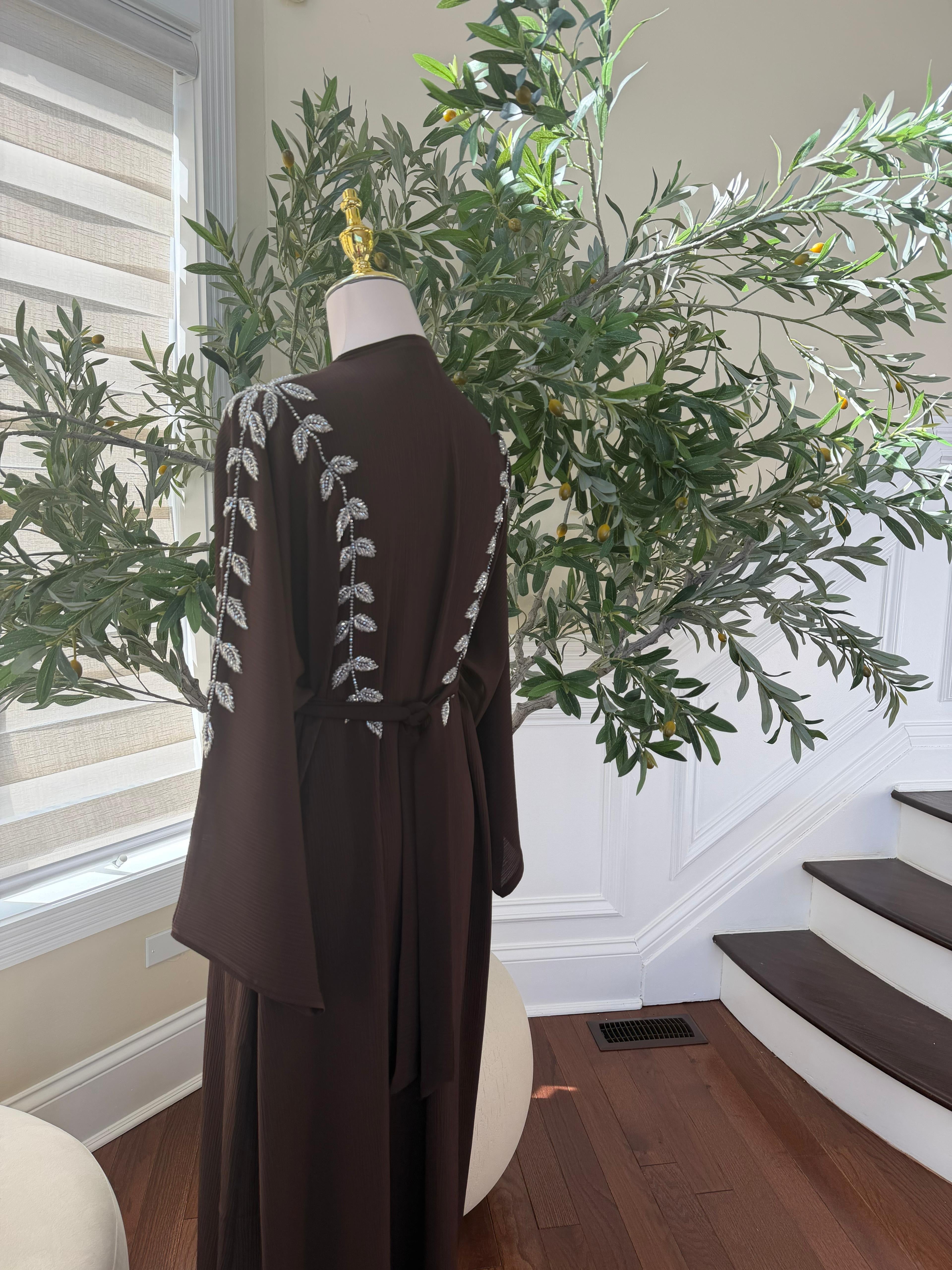 Brown Silver Beaded Essence Abaya