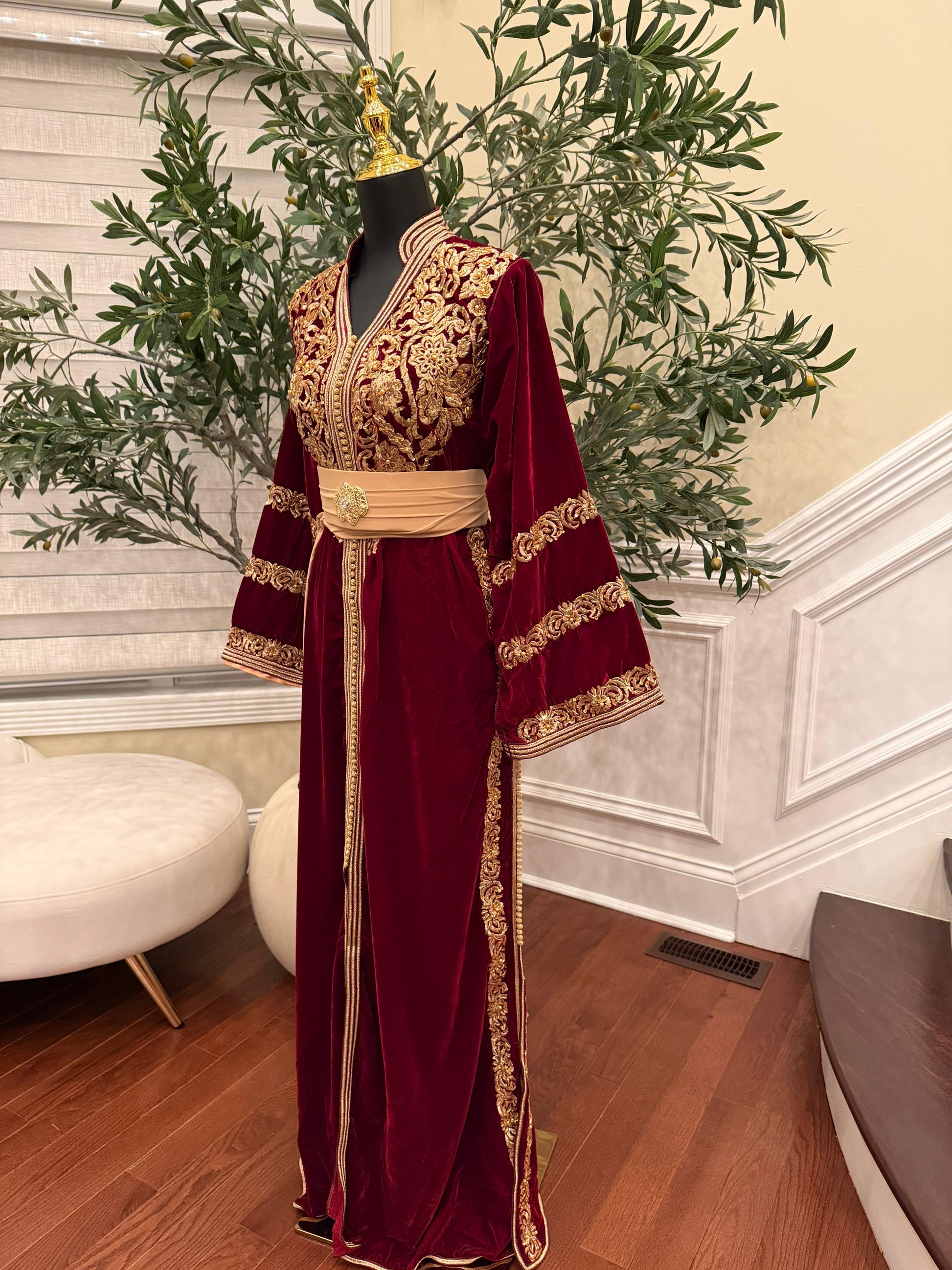 Red Majestic Velvet Kuftan with Golden Embellishment
