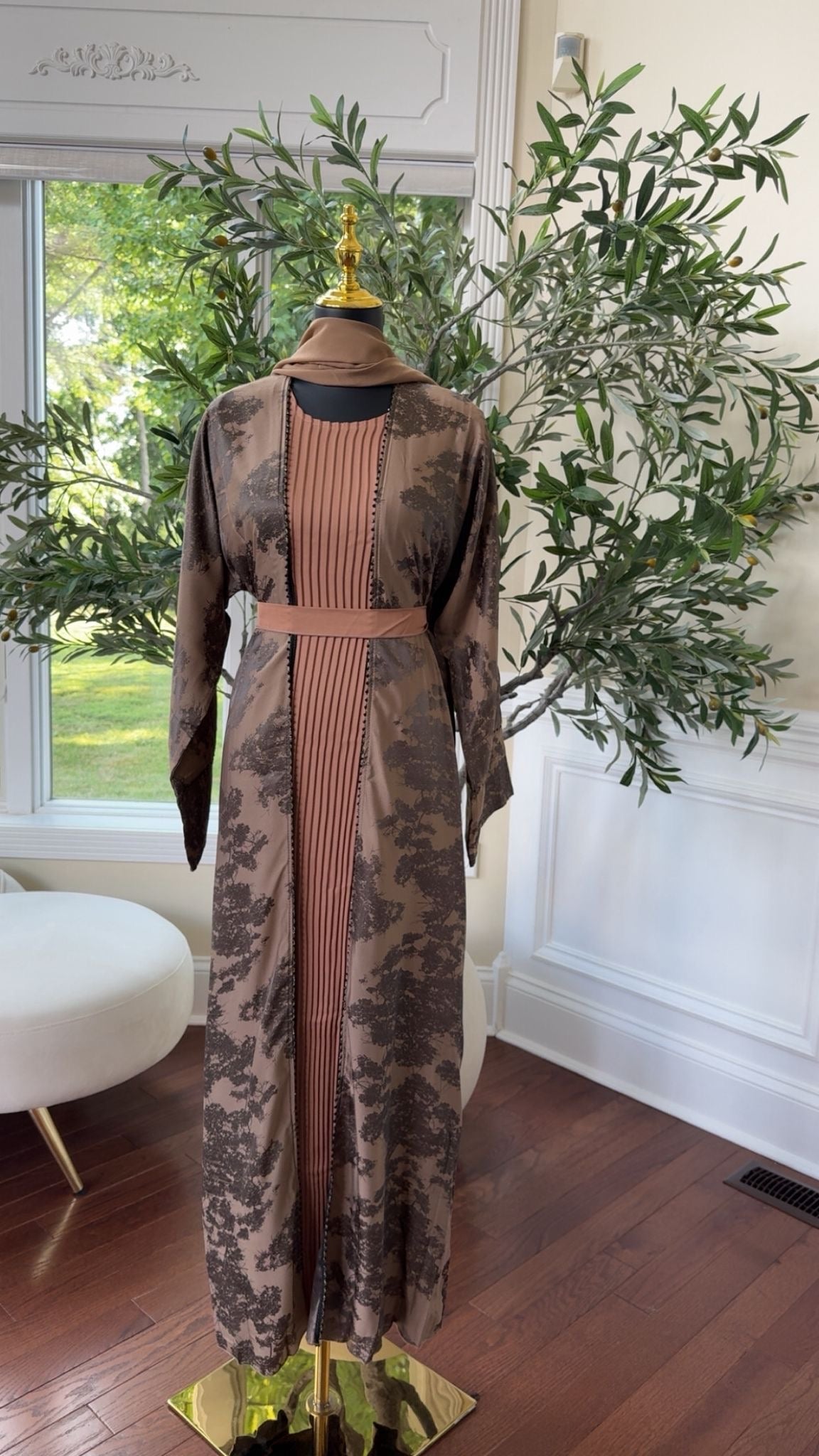 Floral Nude Brown Cardigan Abaya