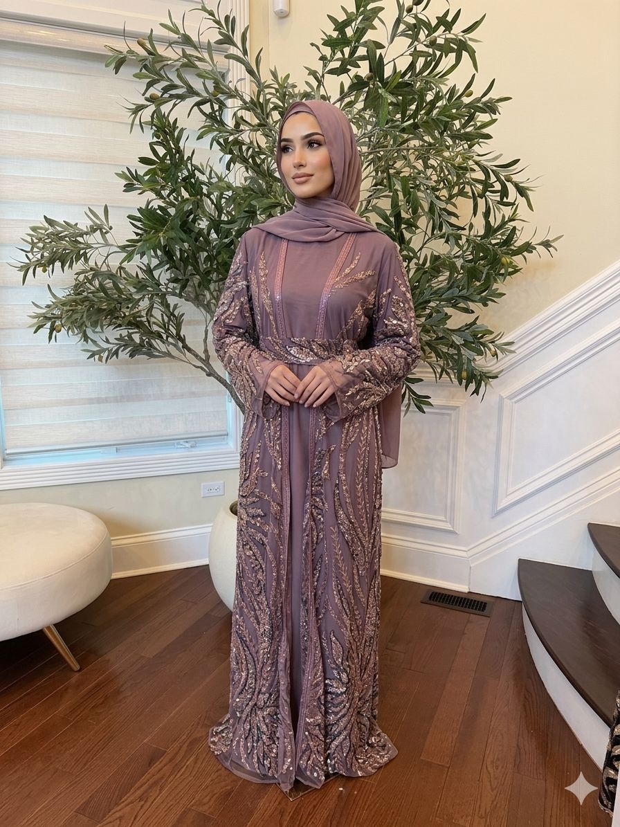 Rose Pink Sequin Two Piece Abaya