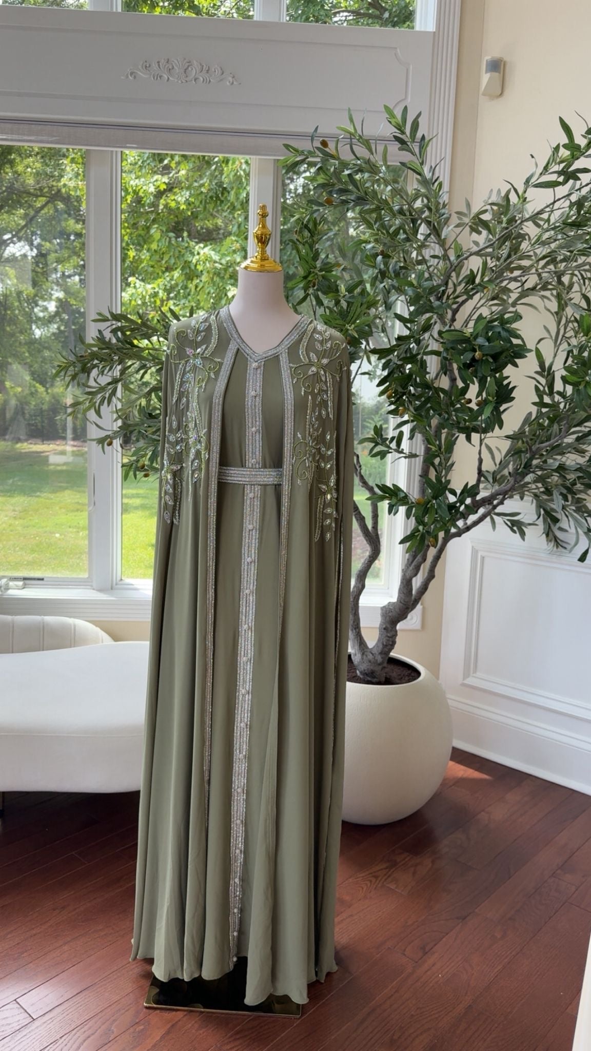 Sage Green Embellished Chiffon Kaftan Crystal Vine Detail