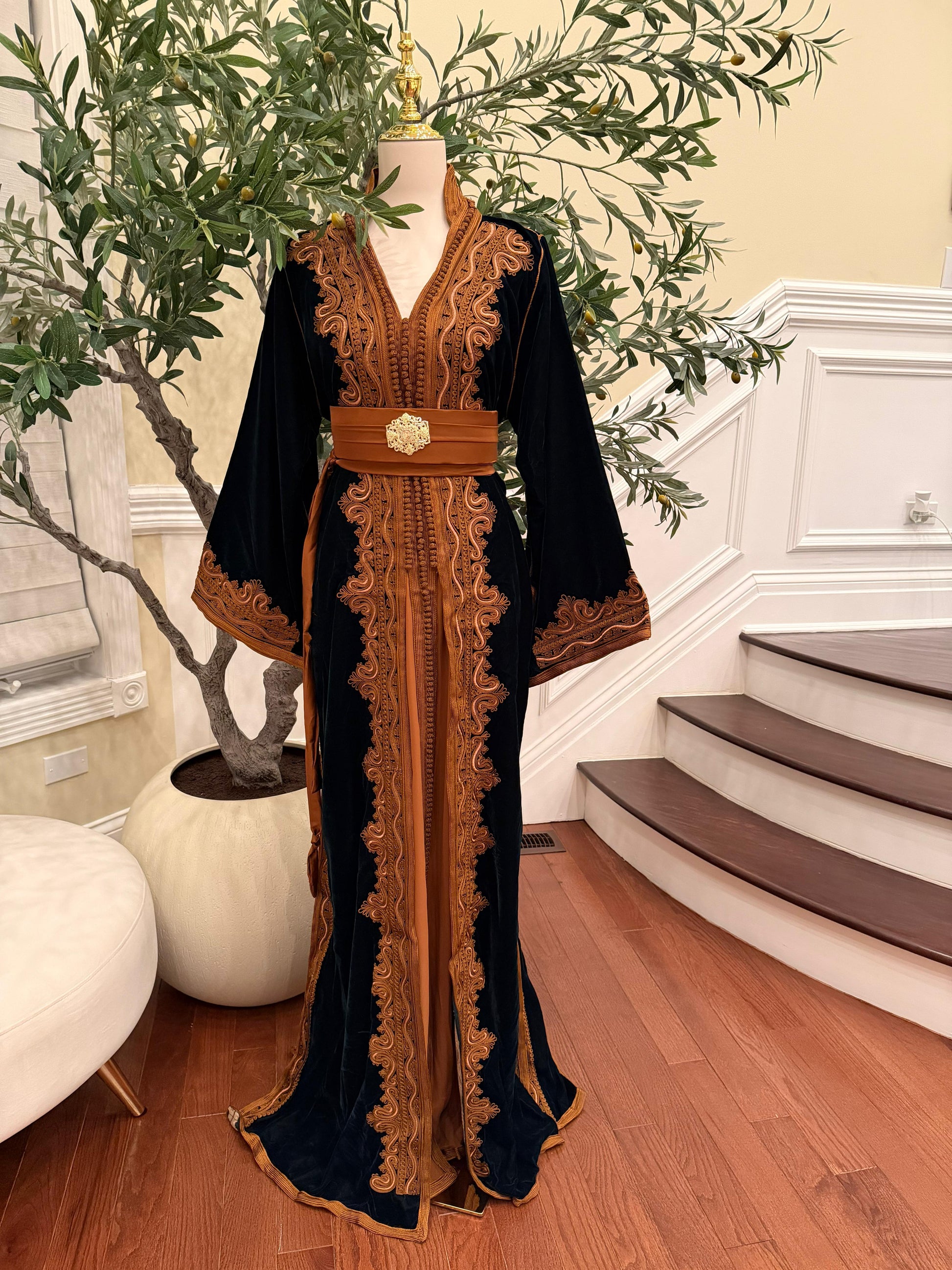 Forest Emerald Green Whisper Velvet Kuftan Brown Embroidery