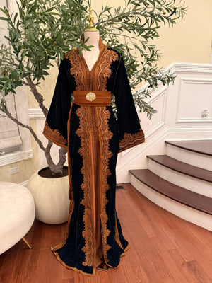 Forest Emerald Green Whisper Velvet Kuftan Brown Embroidery