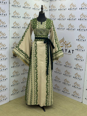 Olive Palestinian Tatreez Kaftan – Emerald Green & Ivory