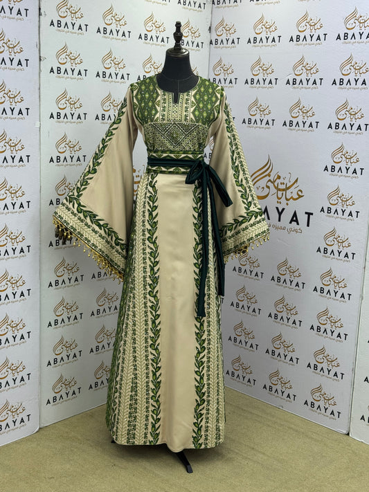 Olive Palestinian Tatreez Kaftan – Emerald Green & Ivory