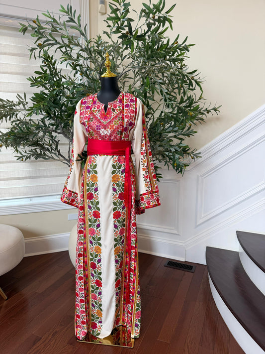 White Floral Embroidery Tatreez Thobe