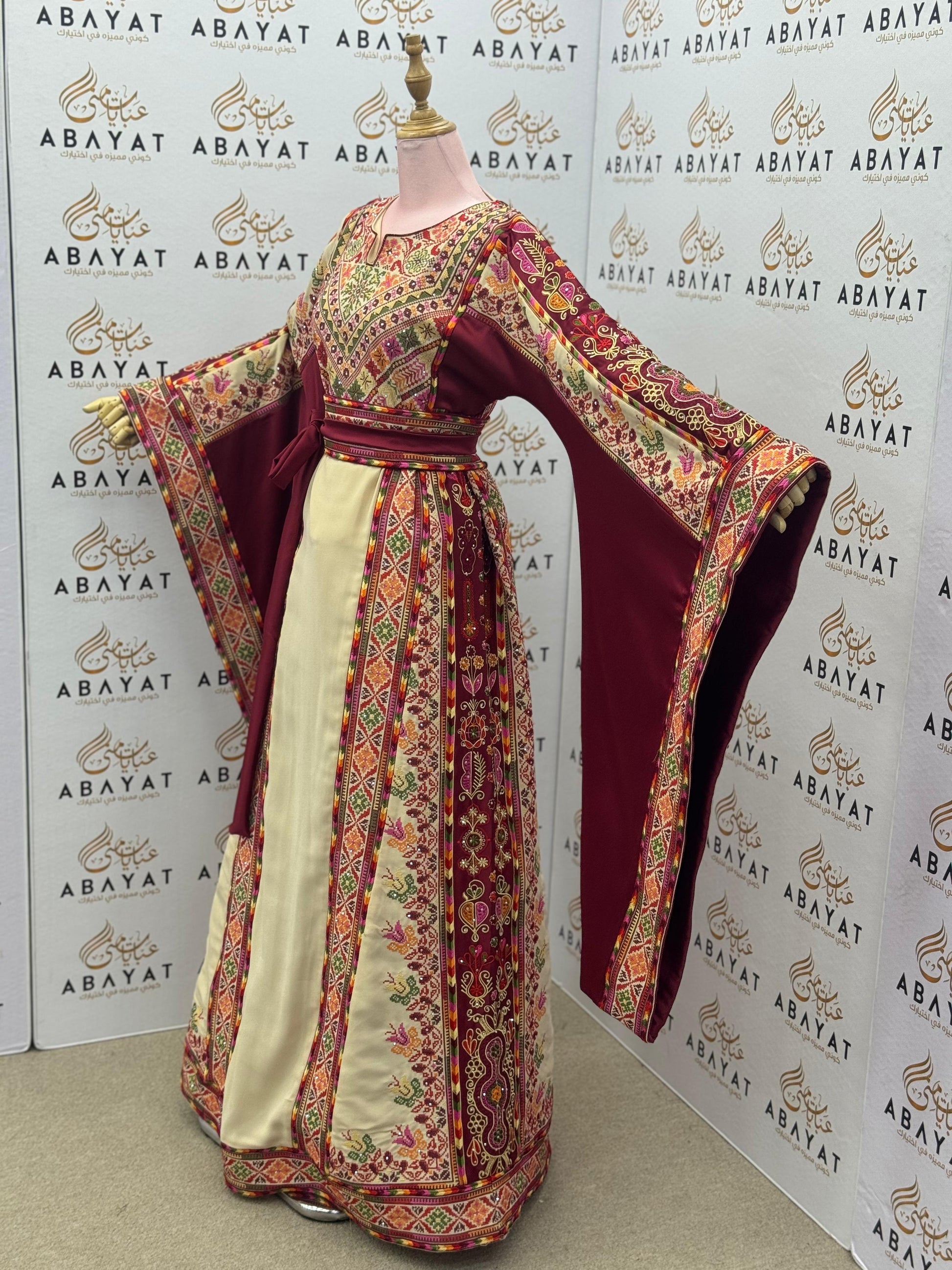Maroon & Cream Palestinian Embroidered Thobe – Elegant Tatreez A09042025